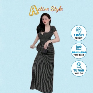 [CÓ BÁN SỈ] Đầm maxi thun sọc cổ rộng tay ngắn, form ôm sát cơ thể, chất thun gân co giãn cho nàng <53kg
