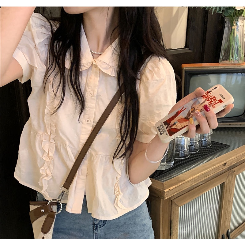 Áo Sơ Mi Tay Ngắn Phồng Cổ Búp Bê Họa Tiết Sọc Caro Phong Cách Pháp Cho Nữ