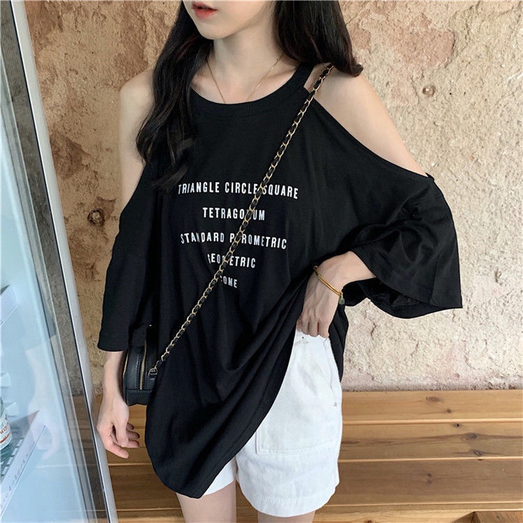 Áo Thun Tay Lỡ Dáng Rộng Hở Vai Phong Cách Harajuku Hàn Quốc Thời Trang Mùa Hè Mới Cho Nữ
