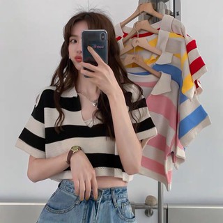 Áo Croptop Lửng Cổ Polo V Sọc Màu Co Giãn