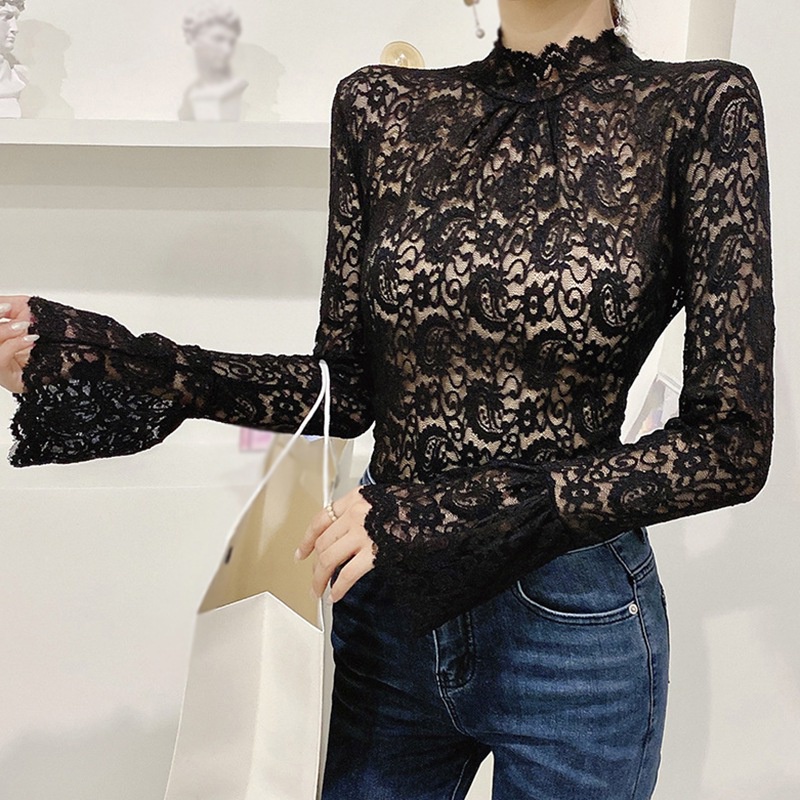 Áo thun cổ lọ tay loe phối ren dáng ôm thời trang mùa thu cho nữ