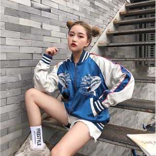 ÁO KHOÁC BOMBER XANH THÊU CÁ (KÈM ẢNH THẬT)
