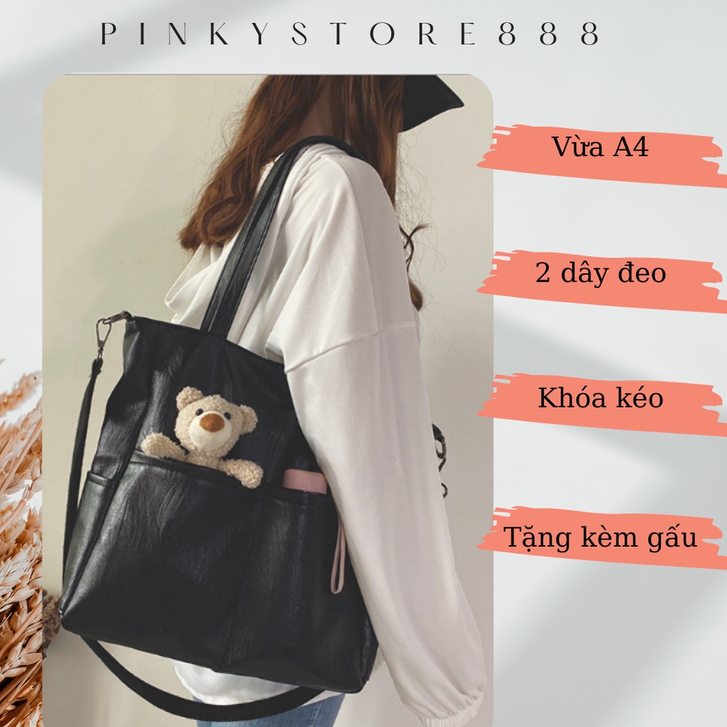 Túi tote da nhám đeo vai tặng kèm gấu xinh P083