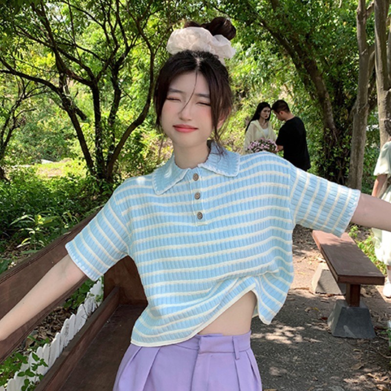Áo thun polo dệt kim ZHELIHANGFEI tay ngắn dáng rộng họa tiết kẻ sọc thời trang cá tính cho nữ
