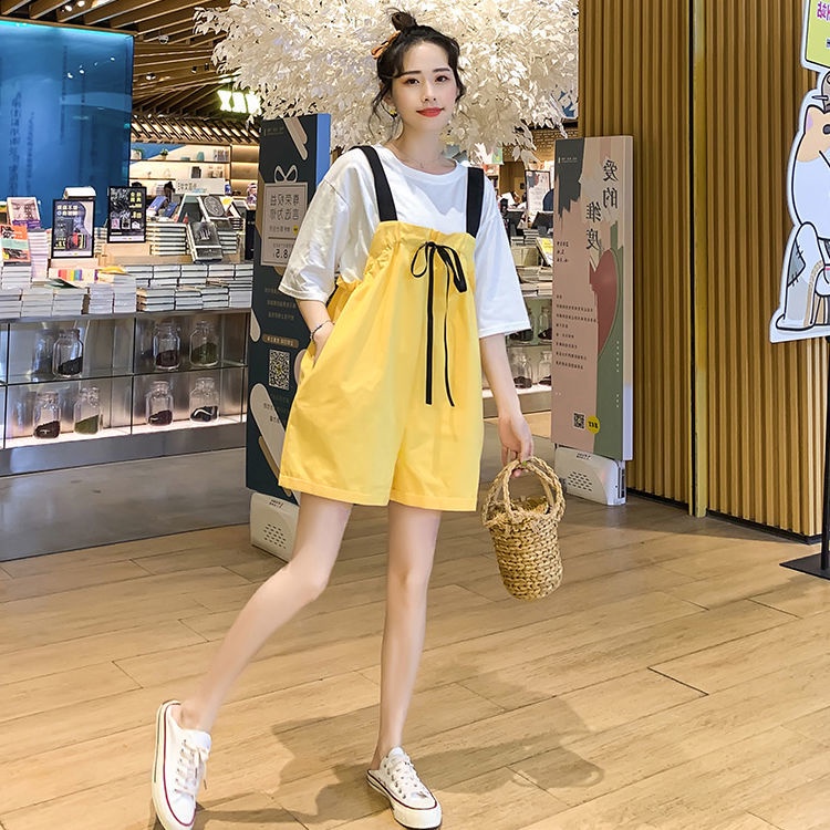 Set Áo Thun Ngắn Tay + Quần Yếm Ống Rộng Thời Trang Cho Mẹ Bầu