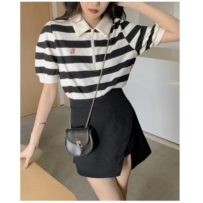 Áo polo Ngắn Tay Dáng Rộng Họa Tiết Kẻ Sọc Trắng Đen Phong Cách Retro Mỹ Hàng Mới Dành Cho Bạn Nữ