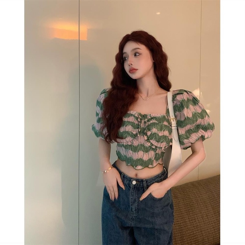 Áo Kiểu Tay Phồng Ngắn Dáng Ôm Thời Trang Mùa Hè Retro Mới Cho Nữ