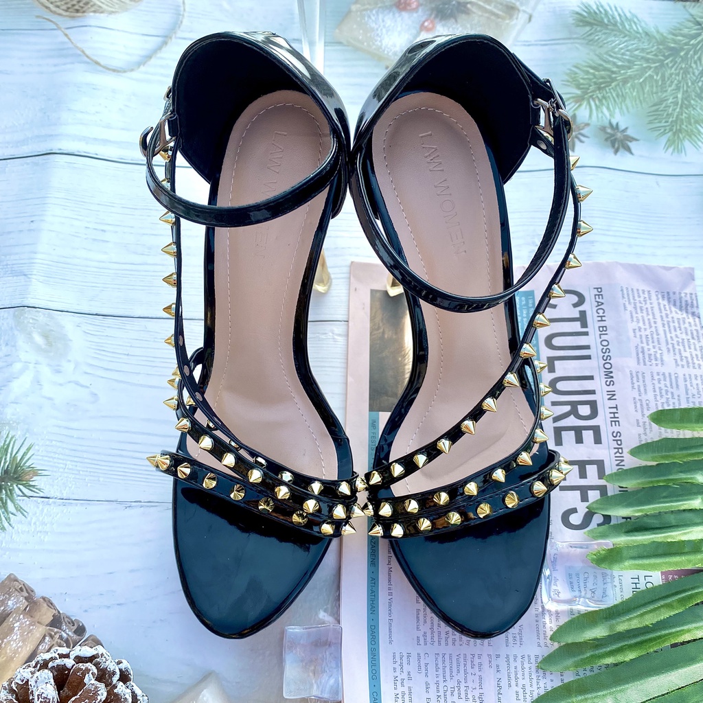 Giày cao gót đế nhọn 12 phân Womenstyle đính đá nhọn sang chảnh, sandal đính đồng 2 màu trắng, đen chuẩn size 35-39 TD24