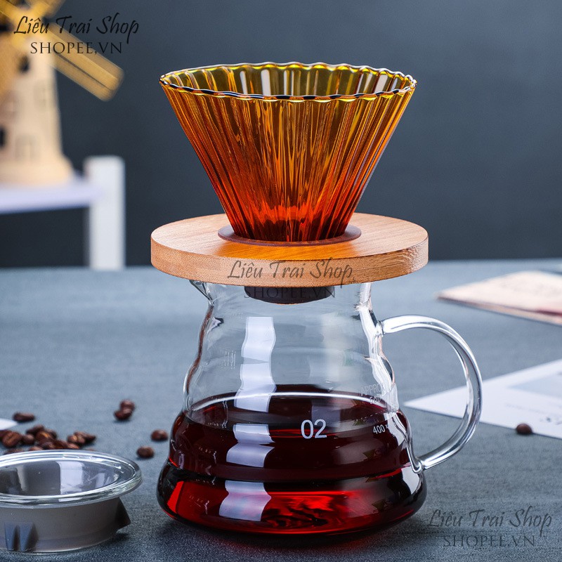 Phễu v60 pha cà phê cafe v60 giấy lọc Pour over drip thuỷ tinh nhiều màu giá gỗ tròn