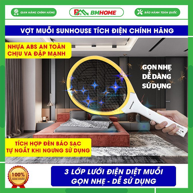 Vợt muỗi Sunhouse SHE-E200 màu vàng, vợt muỗi Sunhouse tích hợp đèn báo sạc tiện dụng, nhựa ABS chịu va đập mạnh.