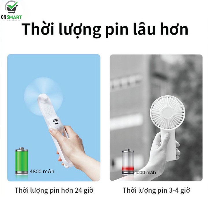 Quạt cầm tay mini gấp gọn tích hợp sạc dự phòng sạc pin USB đa năng có đế để bàn, đi du lịch, đi chơi tiện lợi