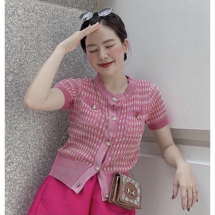 Áo cardigan len hồng dệt kim ngắn tay phong cách Hàn Quốc cho nữ