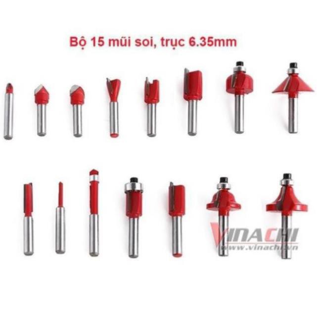 Bộ 15 Mũi Soi Cốt 6.35mm - Bộ 15 Mũi Soi Cốt điêu khắc họa tiết, cắt cạnh, tạo viền hoa văn đẹp mắt cho sản phẩm đồ gỗ