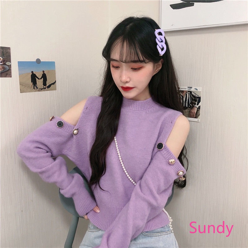 Áo Dệt Kim Tay Dài Cổ Tròn Trễ Vai Phong Cách Phương Tây Thời Trang Mùa Thu Cho Nữ