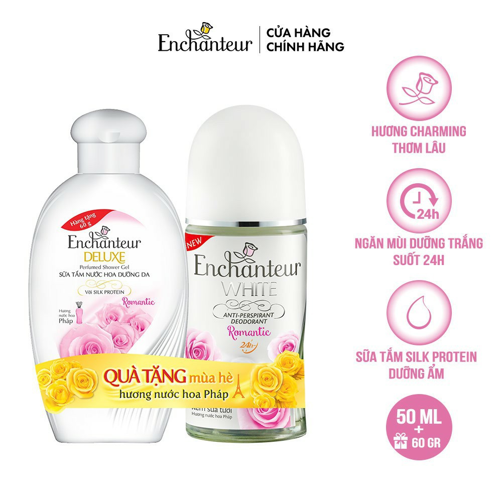 (Tặng kèm chai tắm 60g) Lăn khử mùi enchanteur trắng da 50ml đủ mùi (Dạng sữa)