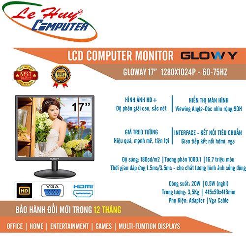 Màn hình máy tính GLOWY GL17 17Inch Vuông VGAHDMI