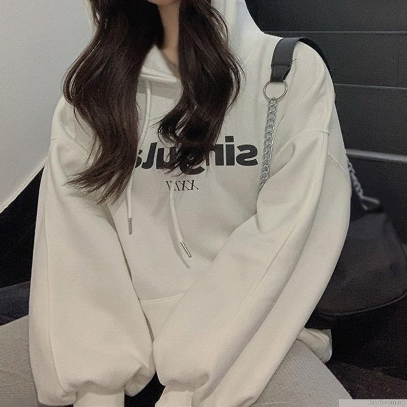 Áo hoodie tay dài dáng rộng có dây rút thời trang thu đông cho nữ