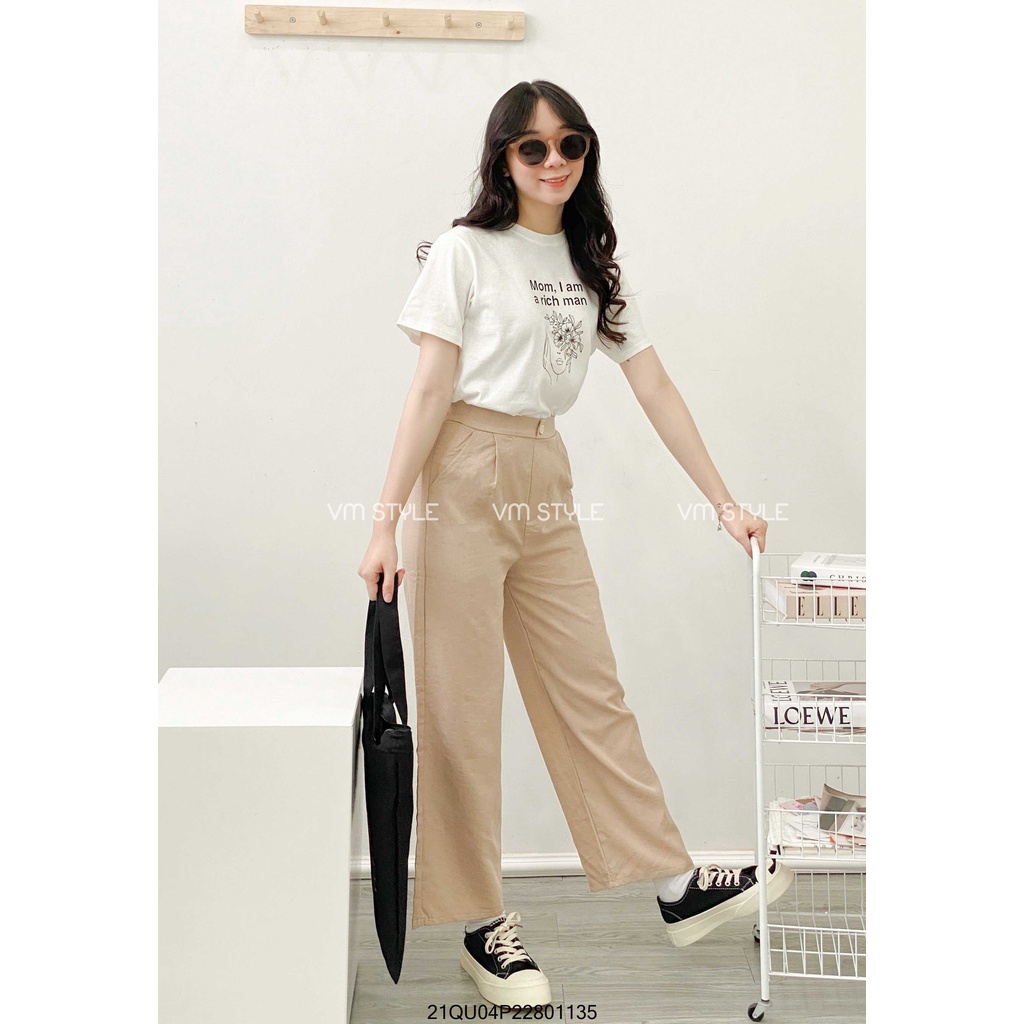 Quần culottes đũi 313 VM STYLE dáng dài, quần suông ống rộng lưng thun dáng đẹp 22QU01P21101