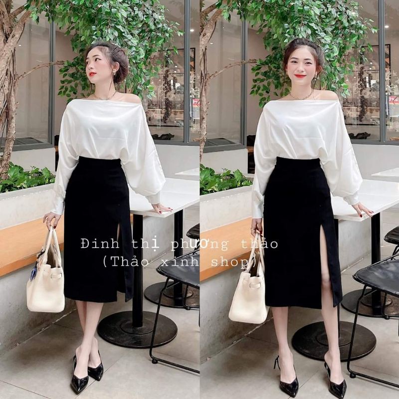 áo trắng trễ vai, chân váy đen xẻ tà