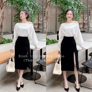áo trắng trễ vai, chân váy đen xẻ tà