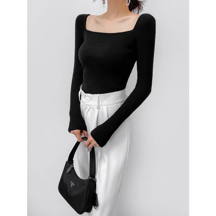 Áo croptop nữ ôm body cổ vuông tay dài trơn màu trắng đen siêu ôm dáng
