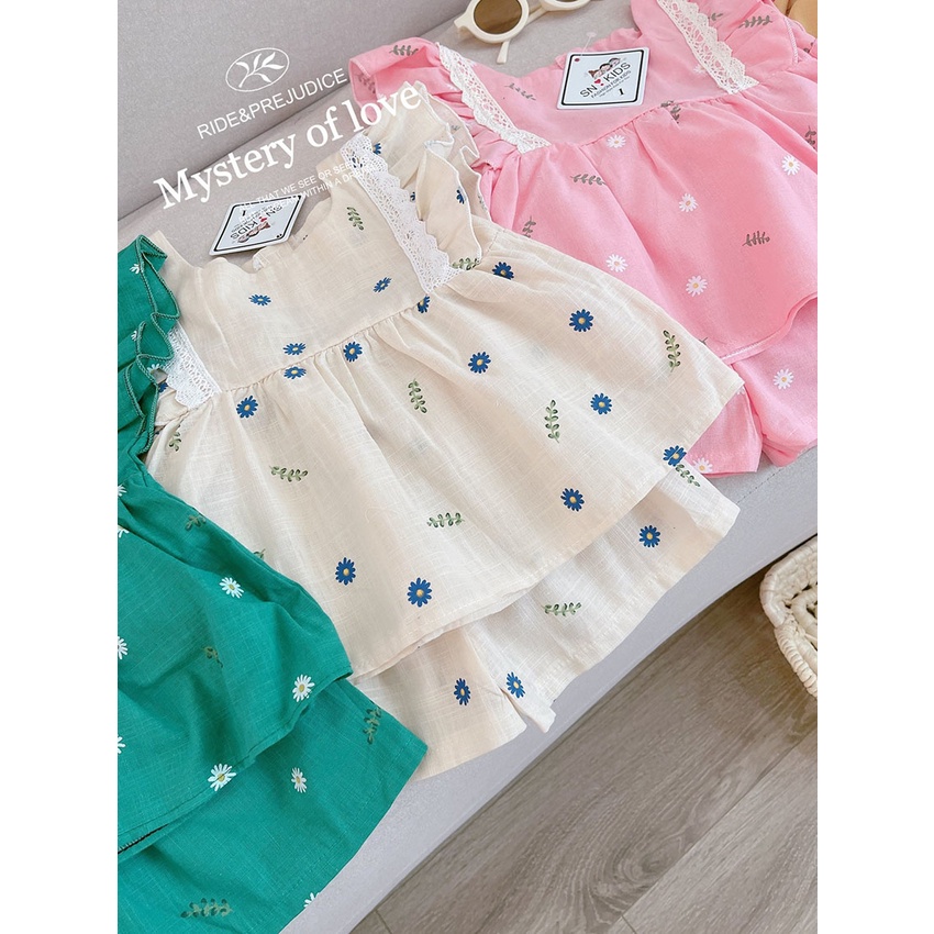 Bộ Quần Áo Trẻ Em 3 Lỗ Cánh Tiên Vải Linen In Hình Hoa Cúc Cho Bé Gái Từ 7-19kg Mã BL32