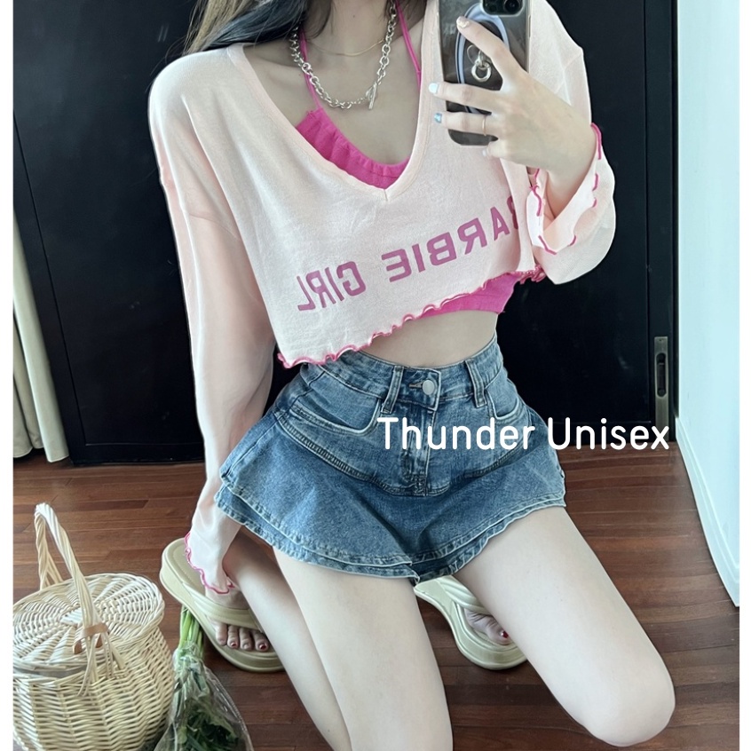 Set Váy Áo Yếm Mix Croptop Dài Tay 2 Màu Siêu Xinh Đi Kèm Chân Váy Bò Phong Cách Ulzzang Hàn Quốc Thunder Unisex