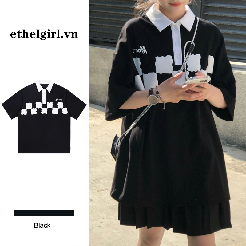 Áo Sơ Mi polo Tay Ngắn Họa Tiết Sọc Caro Phong Cách retro Thời Trang Cho Nữ