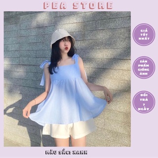 Set áo hai dây babydoll buộc nơ vai kèm quần sooc trắng Ulzzang freesize, Style Hàn