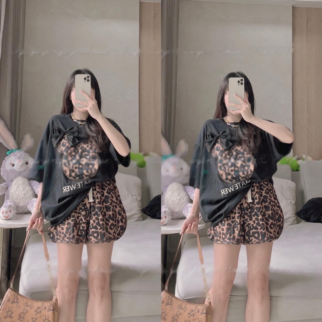 Set bộ áo phông nơ báo mix quần short đùi siêu cá tính BN206