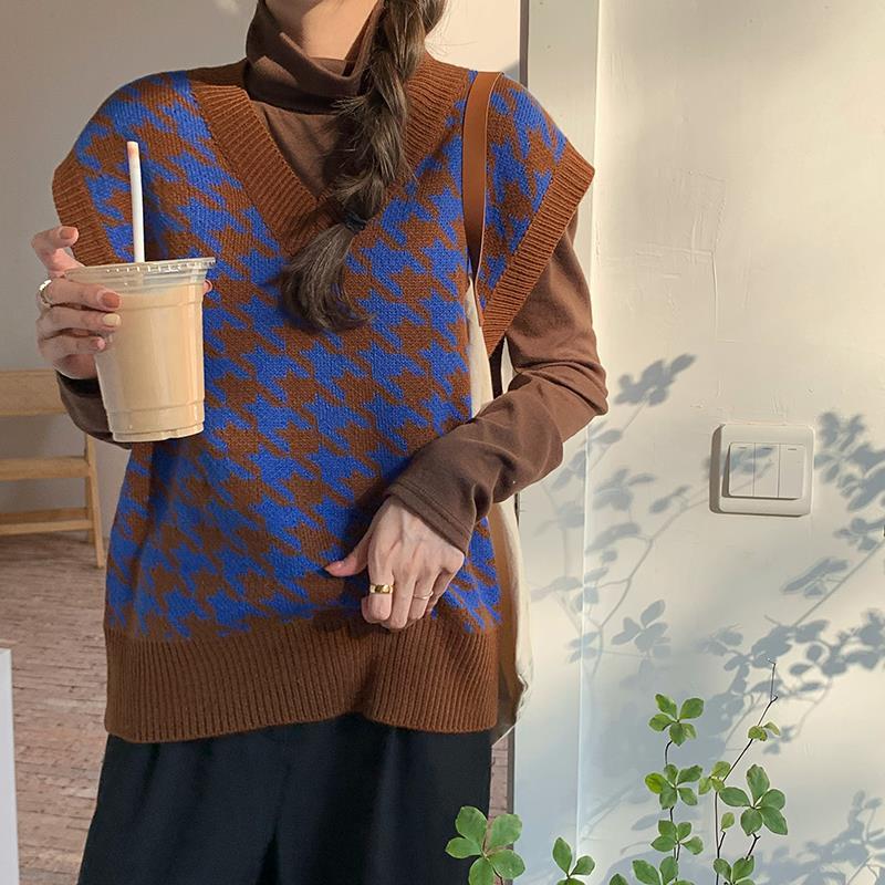 Áo Khoác Len Không Tay Dáng Rộng Màu Tương Phản Phong Cách Retro Cho Nữ