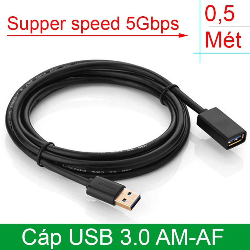 Cáp USB 3.0 1 đầu âm 1 đầu dương kéo dài tín hiệu USB 0,5 mét UGREEN 30125 (màu đen) | BigBuy360 - bigbuy360.vn