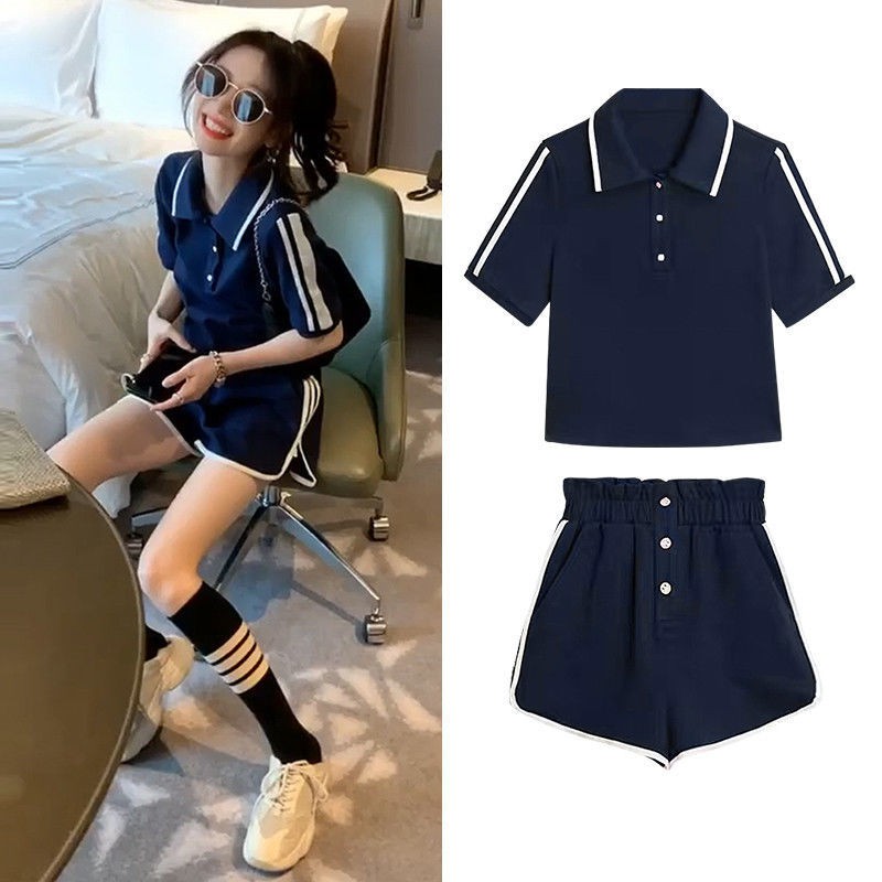 Set Đồ Thể Thao Áo Polo Tay Ngắn Cổ Bẻ + Quần Short Lưng Cao Dáng Rộng Phong Cách Hàn Quốc Thời Trang Cho Nữ