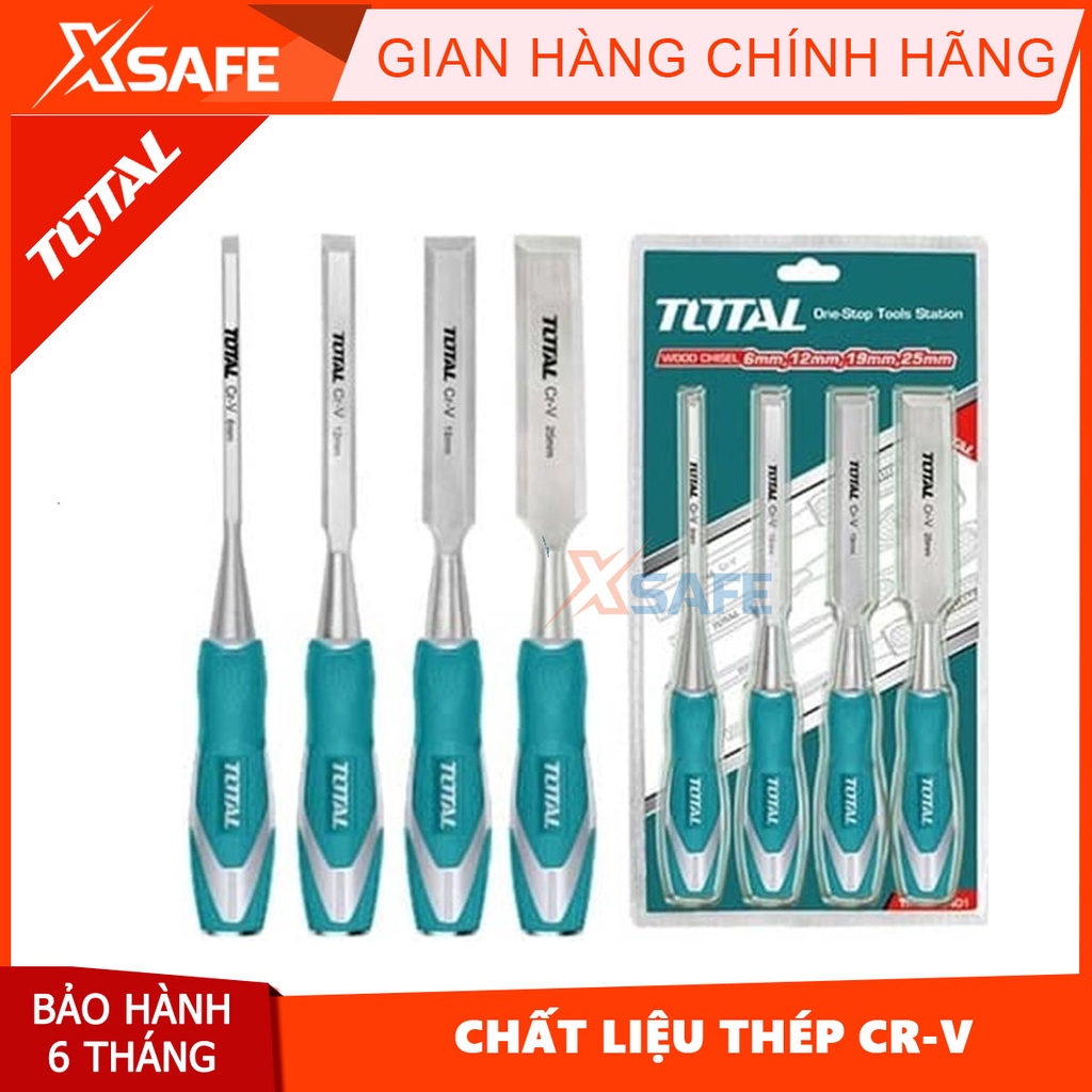 Bộ 4 đục gỗ cầm tay TOTAL THT41K0401 đủ kích cỡ, thép Cr-V siêu cứng chống rỉ sét điêu khắc tiện gỗ đa năng chuyên dụng