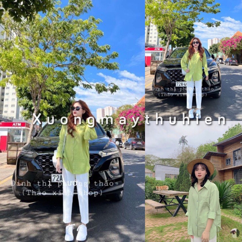 Set áo sơ mi nữ tay bồng màu xanh lá mix quần kaki trắng ống rộng/ Bộ quần áo nữ form thụng ulzzang mặc đi học, đi làm