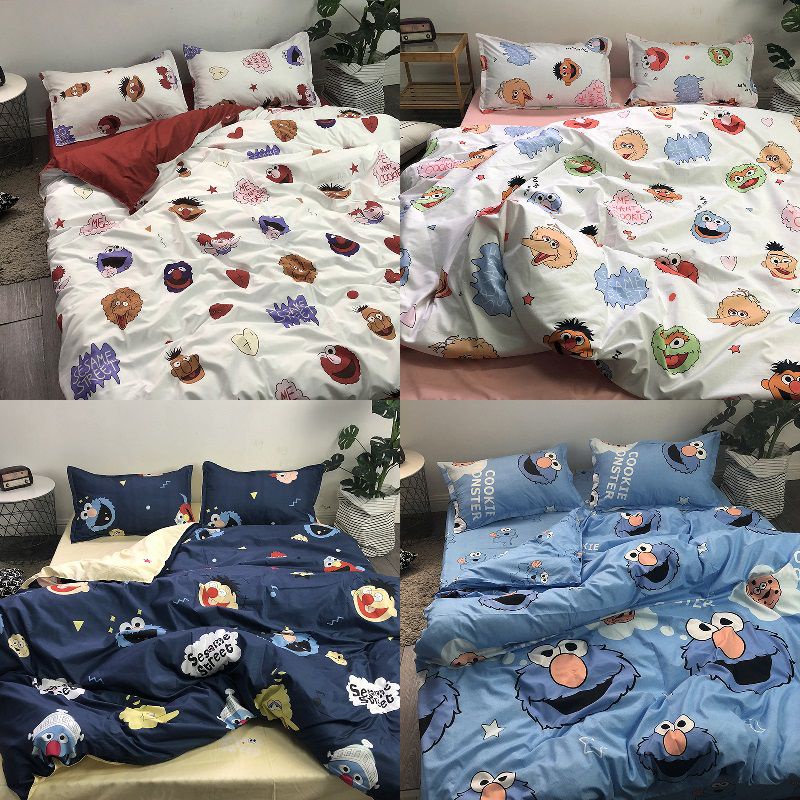 Bộ Vỏ Chăn Ga Gối Đệm Phẳng In Hình Sesame Street Trang Trí Nhà Cửa