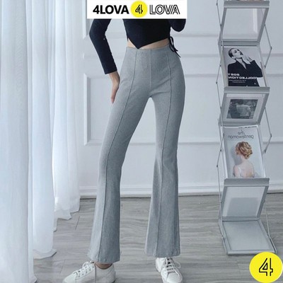 Quần ống loe len gân trơn 4LOVA lưng cạp cao vải dài suông loe culottes màu đen tàn EVA1