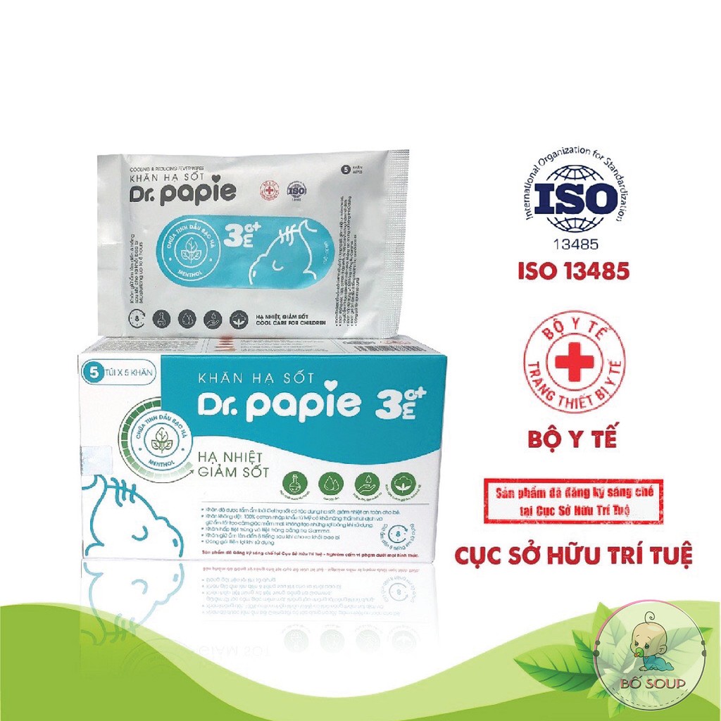 Khăn Lau Hạ Sốt Dr Papie 3+ Cho Bé Hạ Nhiệt Giảm Sốt Ngăn Ngừa Co Giật Hộp 25 Chiếc