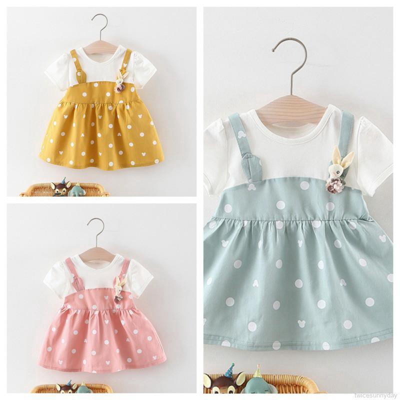 Đầm cotton ngắn tay , in họa tiết chấm bi cho bé gái