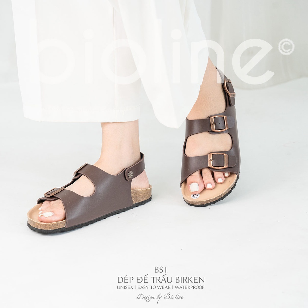 PK02-LÓT CHỐNG NƯỚC-Giày sandal đế trấu Birken nam nữ, quai ngang, da PU cao cấp, dép xăng đan công sở Bioline