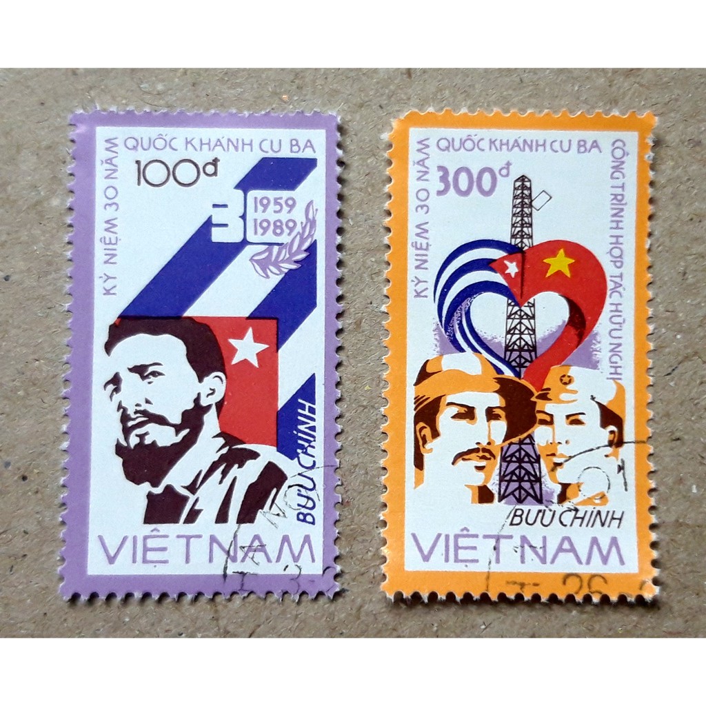 Tem sưu tập MS 553 Tem CTO Việt Nam Kỷ niệm 30 năm Quốc khánh Cuba 1988 ( 2 tem )