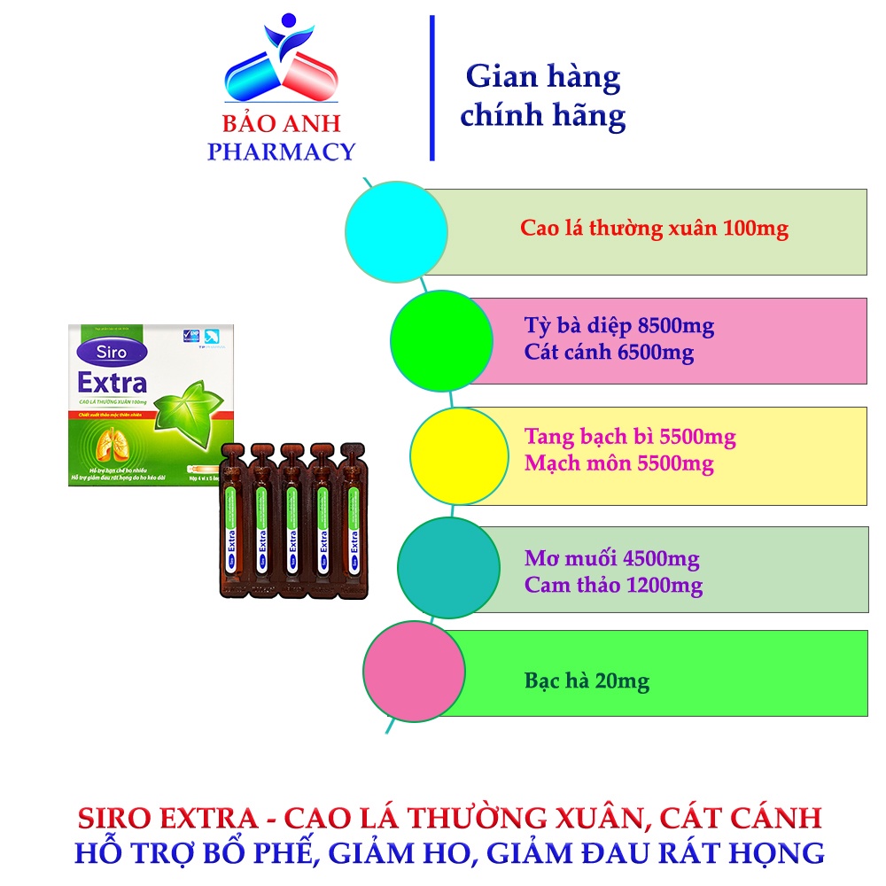 SIRO EXTRA – Chiết xuất thiên nhiên Cao lá thường xuân, Cát cánh, Cam thảo giúp bổ phế, giảm ho, đau rát họng – H 20ống