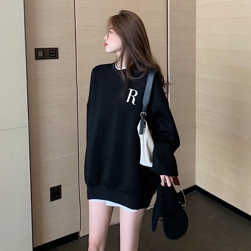 QADCOL Áo sweater dáng rộng in họa tiết chữ phong cách Hàn Quốc trẻ trung