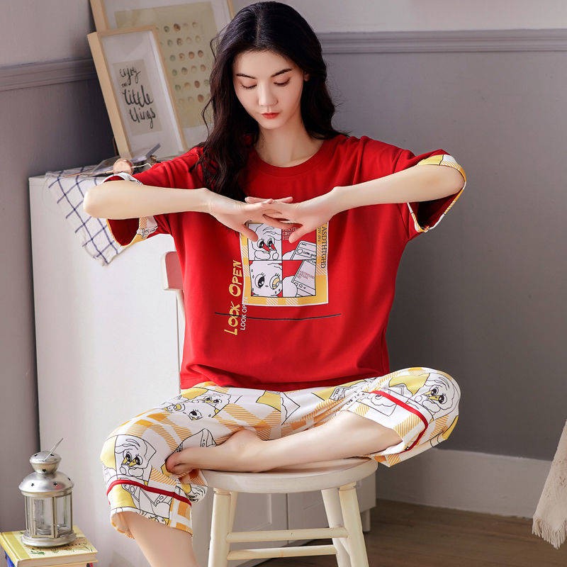 Bộ Đồ Mặc Ở Nhà Tay Lửng Dáng Rộng Chất Liệu Cotton Phong Cách Hàn Quốc Thời Trang Mùa Hè Cho Nữ