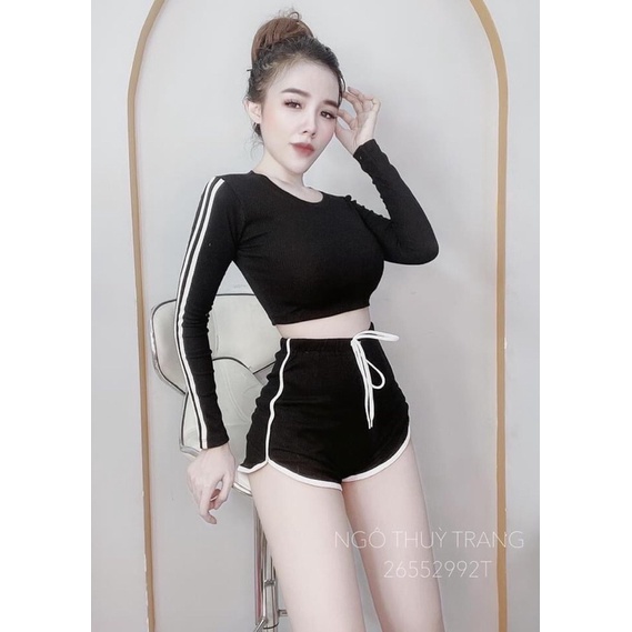 Sét bộ nữ áo croptop tay dài + quần đùi lưng thun gồm 2 món đồ (Bảo An)