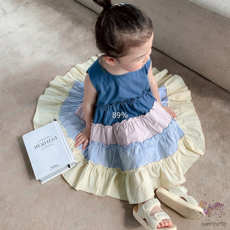 Đầm sát nách xếp nếp màu chuyển cầu vồng Hàn Quốc cho bé gái