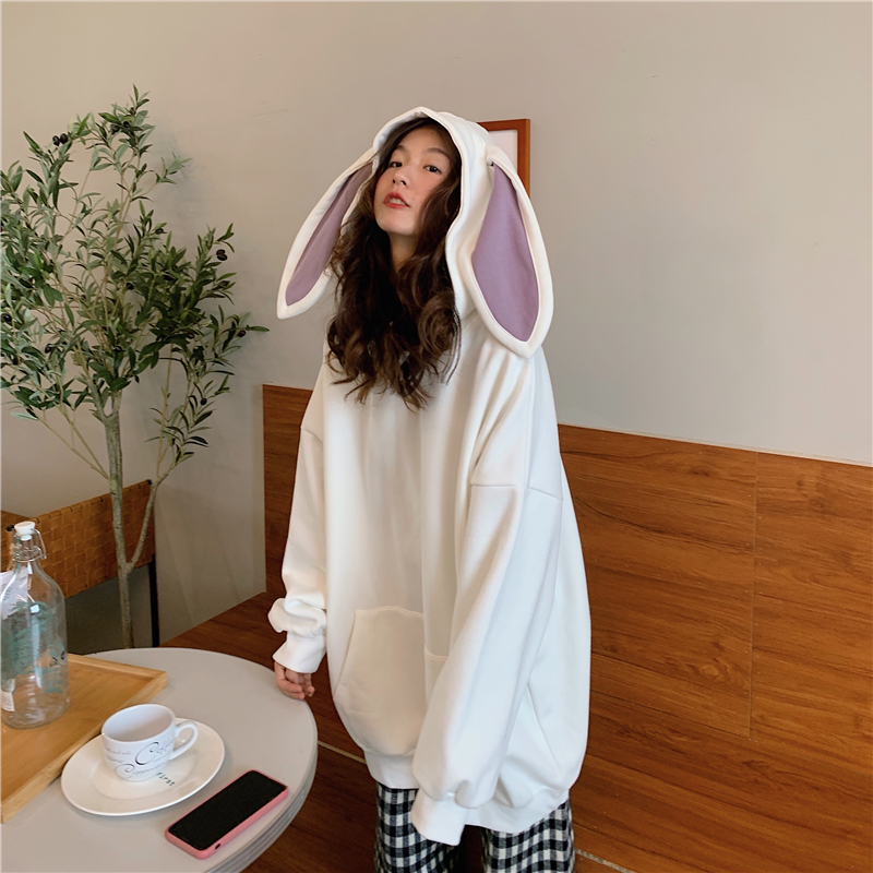 Áo hoodie IELGY dáng rộng phối tai thỏ màu trơn dễ phối đồ thời trang cho nữ