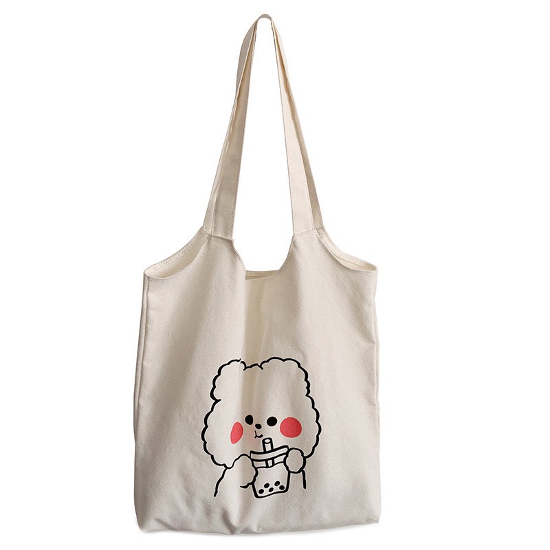 Túi Tote Trắng Vải Canvas Mềm Mịn Hình Gấu Cute Phù Hợp Cho Đi Chơi Đi Cafe