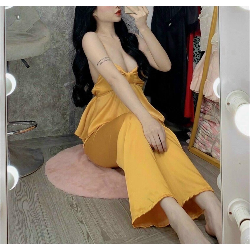 Bộ ngủ nơ ngực có tâng đưa quần dài Lụa Satin, không mút lót | BigBuy360 - bigbuy360.vn