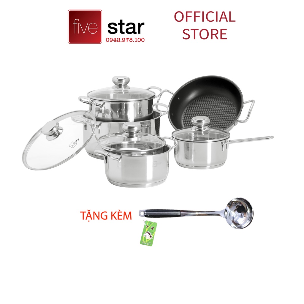 Bộ Nồi 5 Đáy Cao Cấp Bếp Từ Fivestar FSB55D001 Nắp Kính Inox 430 ( 1 quánh16cm x  N18cm x  N20cm x N24cm x C 24cm )